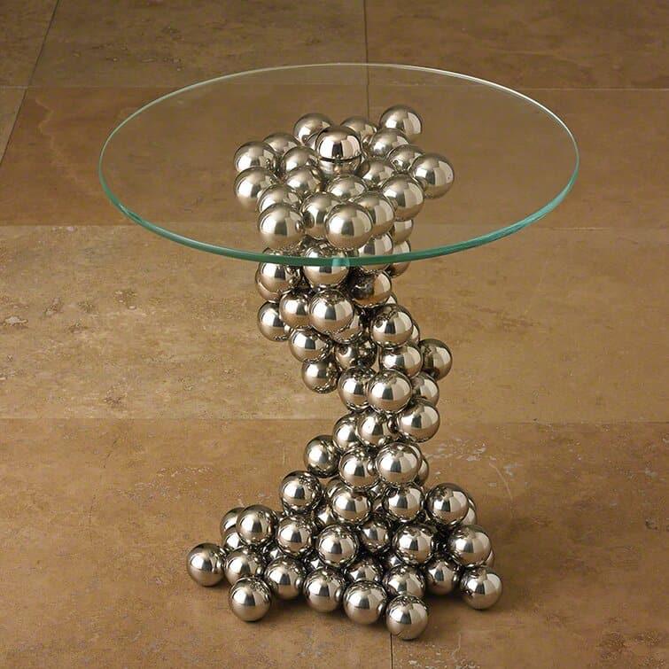 Silver Balls Pedestal Glass Top End Table - MAIA HOMES