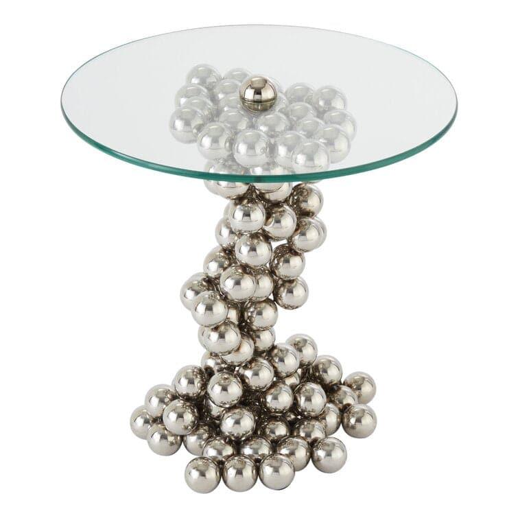 Polished Nickel Silver Balls Pedestal Glass Top End Table