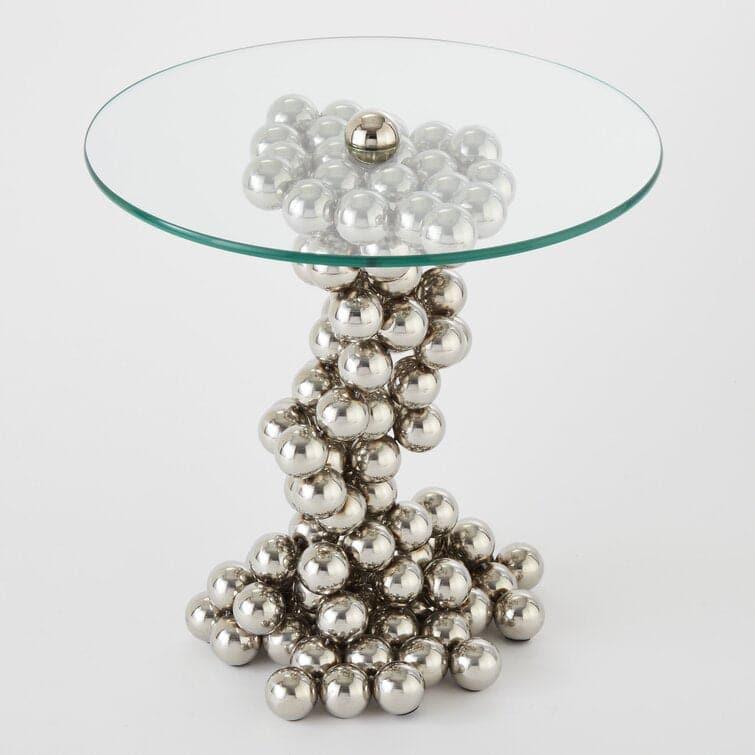 Polished Nickel Silver Balls Pedestal Glass Top End Table