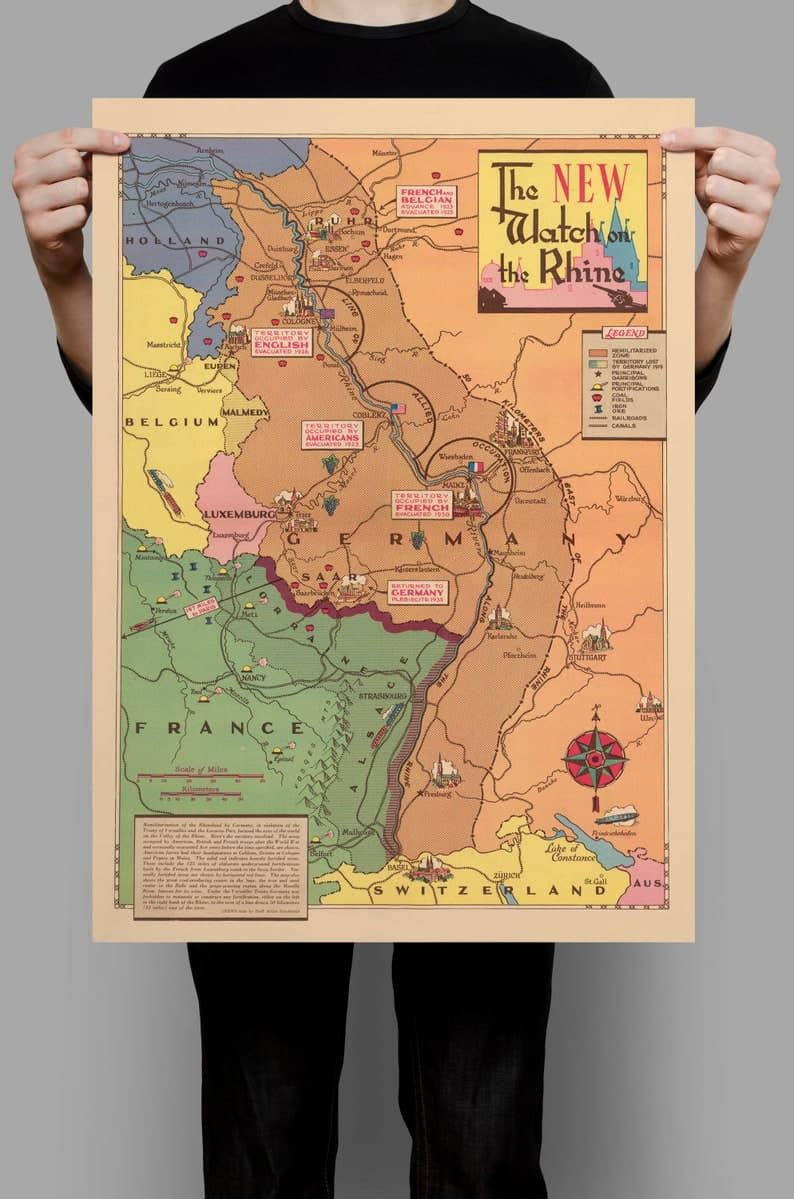 Political and Military Map of Rhineland before World War 2| WW2 Germany Map Wall Print - MAIA HOMES