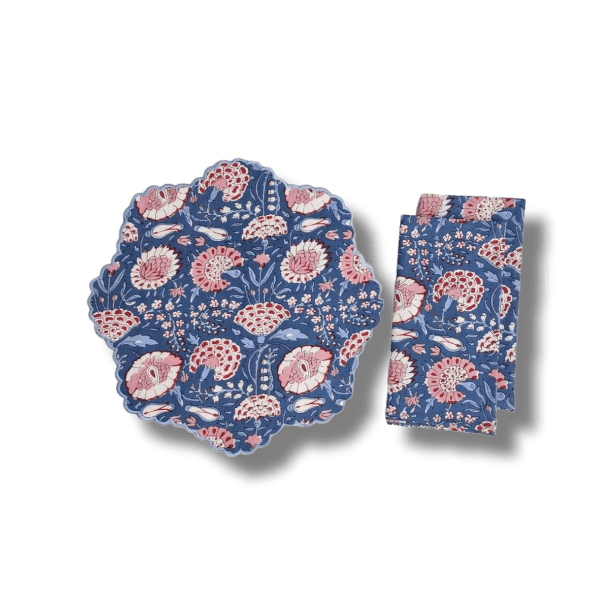 Pond of Flowers Block Printed Cotton Placemats and Napkins