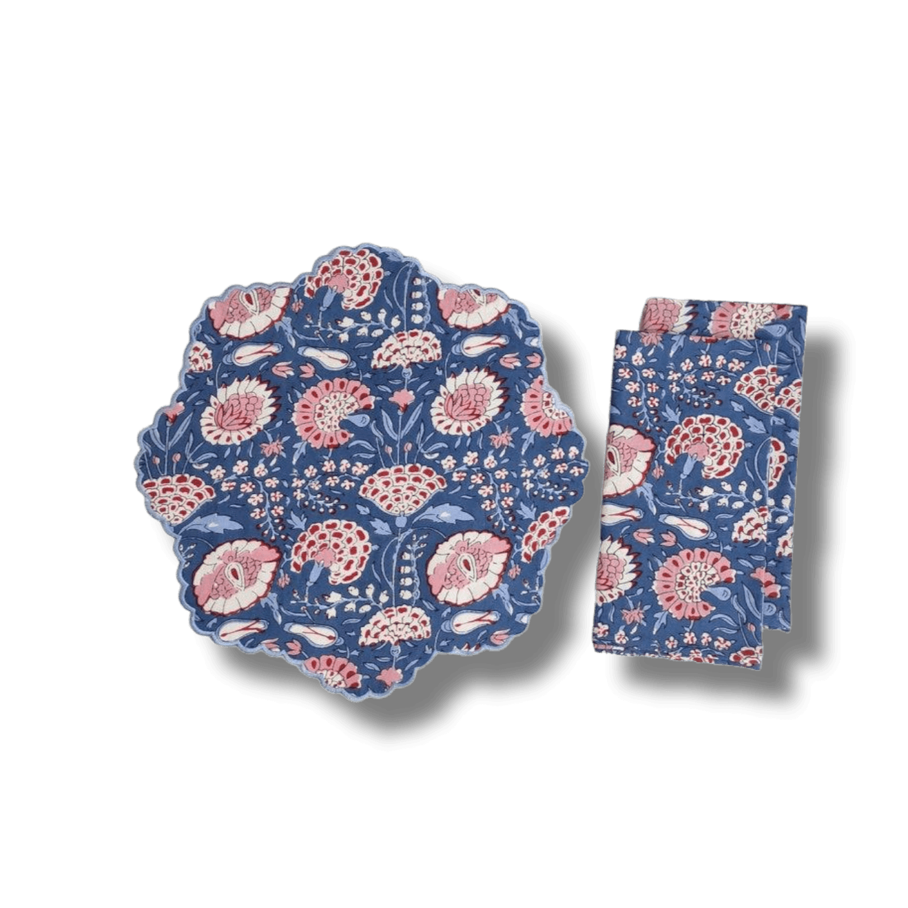 Pond of Flowers Block Printed Cotton Placemats and Napkins