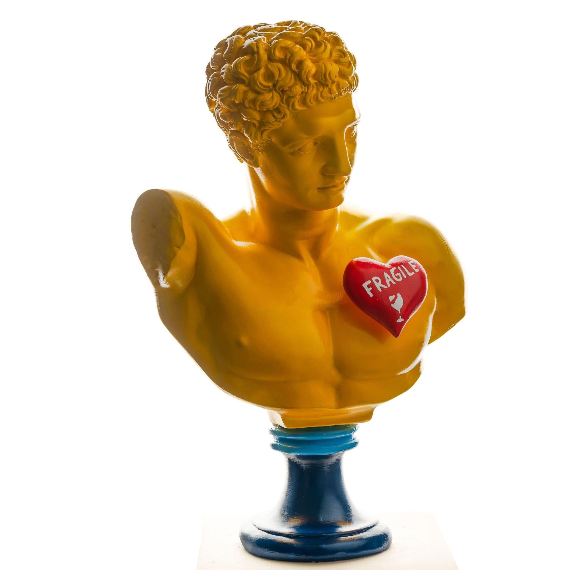 Pop Art Yellow and Red Fragile Heart Hermes Bust Sculpture - MAIA HOMES