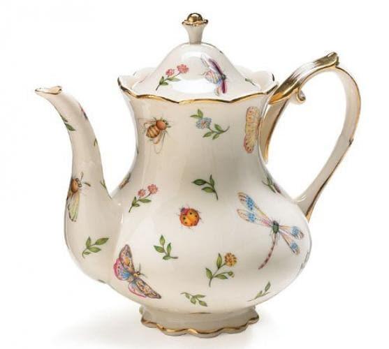 Porcelain Butterfly & Dragonfly Teapot Trimmed In Gold - MAIA HOMES