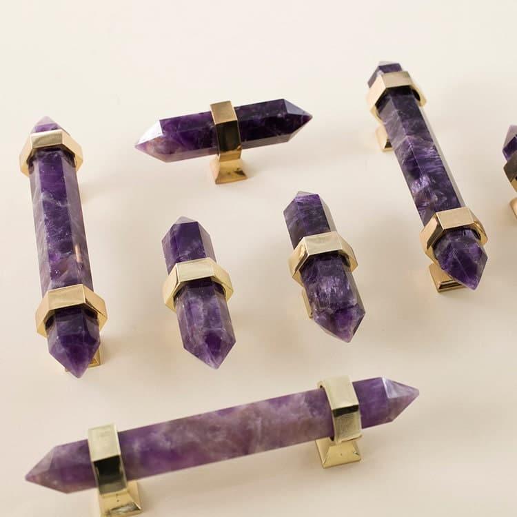 Purple Amethyst Bar Cabinet Drawer Pull with Brass Accent - MAIA HOMES