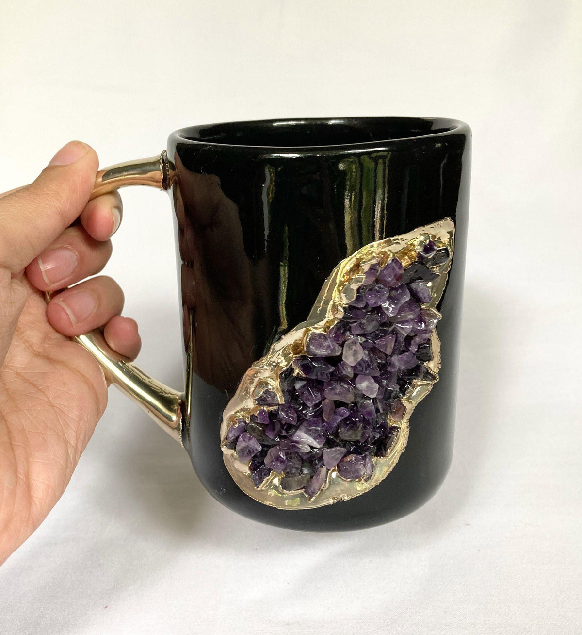 Purple Amethyst Black Mug with Gold Handle - Set of 2