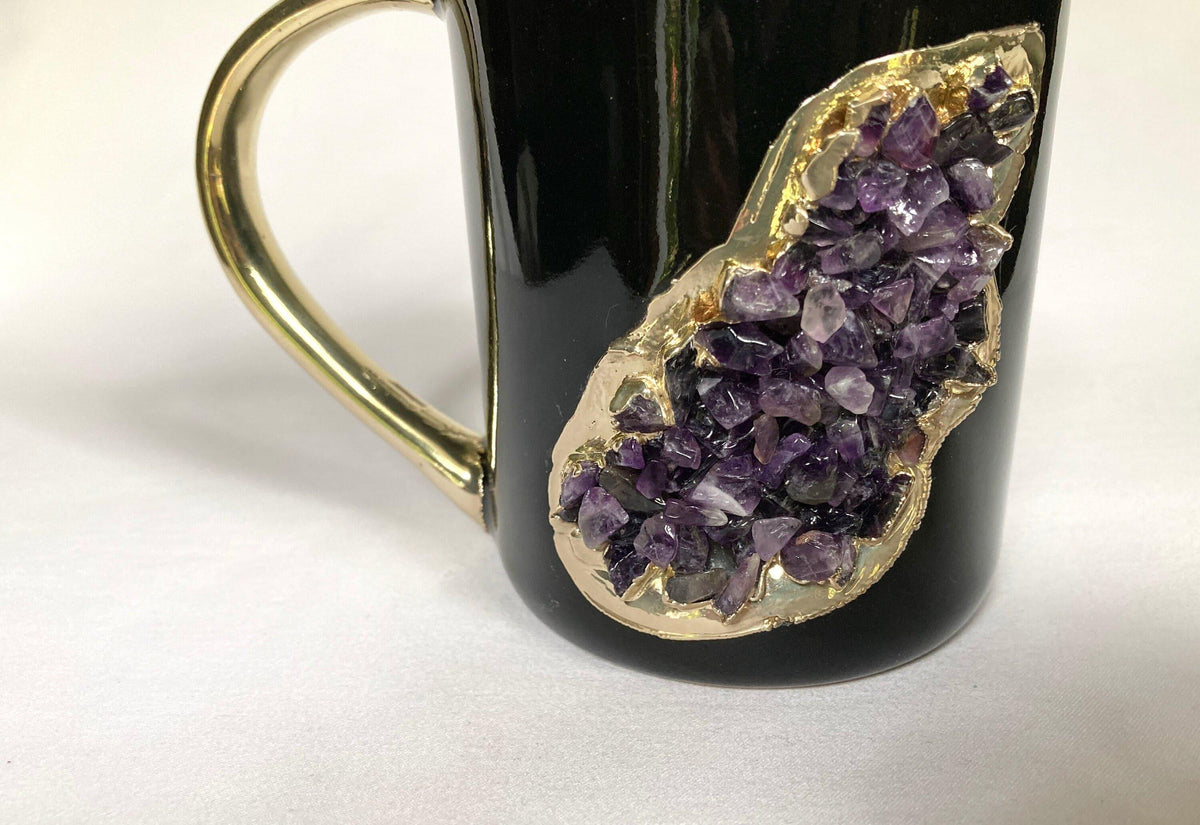 Purple Amethyst Black Mug with Gold Handle - Set of 2