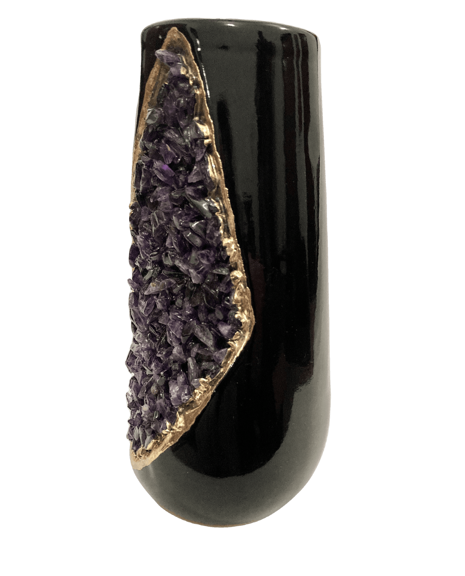 Purple Amethyst Crystal Black and Gold Ceramic Vase Planter