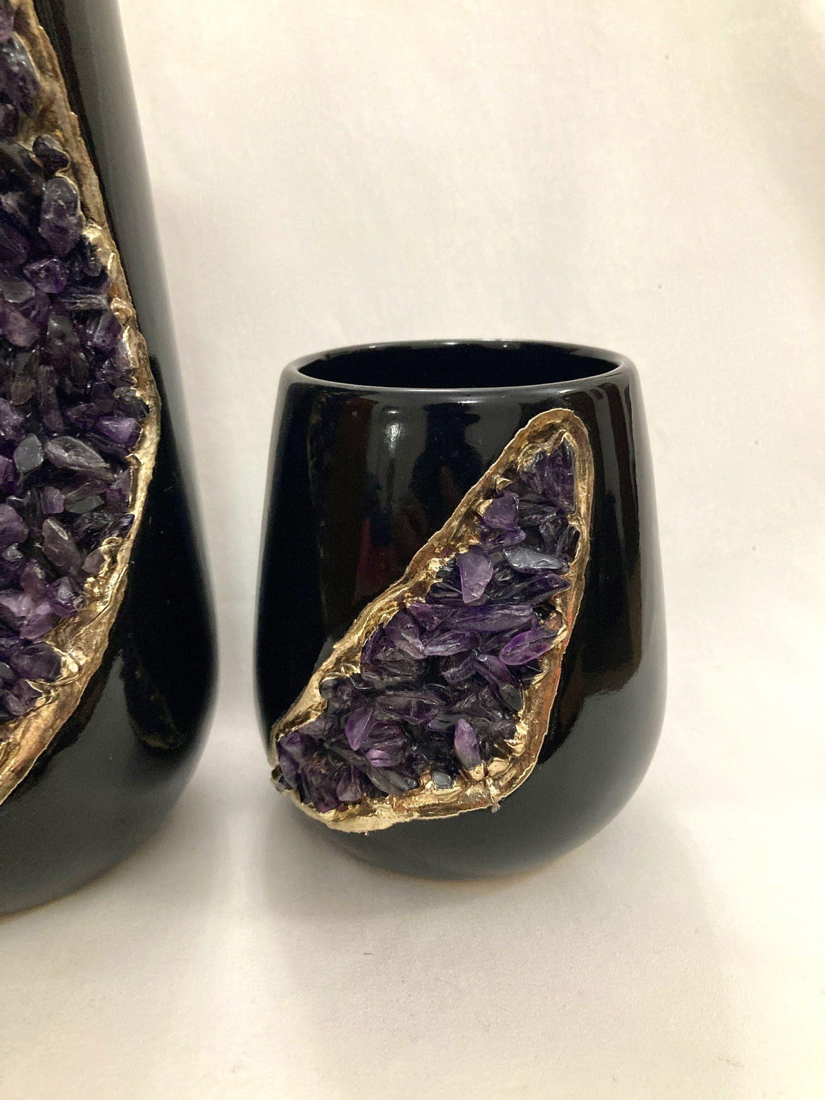 Purple Amethyst Crystal Black and Gold Ceramic Vase Planter Rose Gold Finish Both (Small & large)