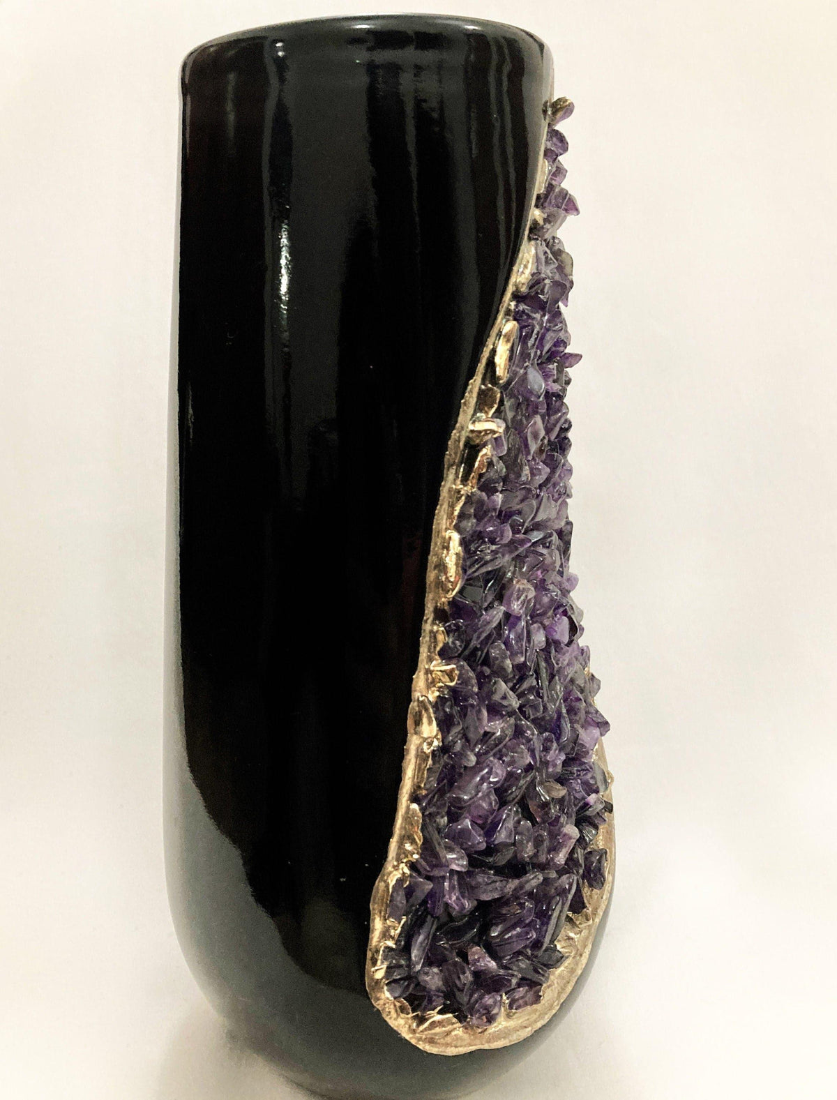 Purple Amethyst Crystal Black and Gold Ceramic Vase Planter