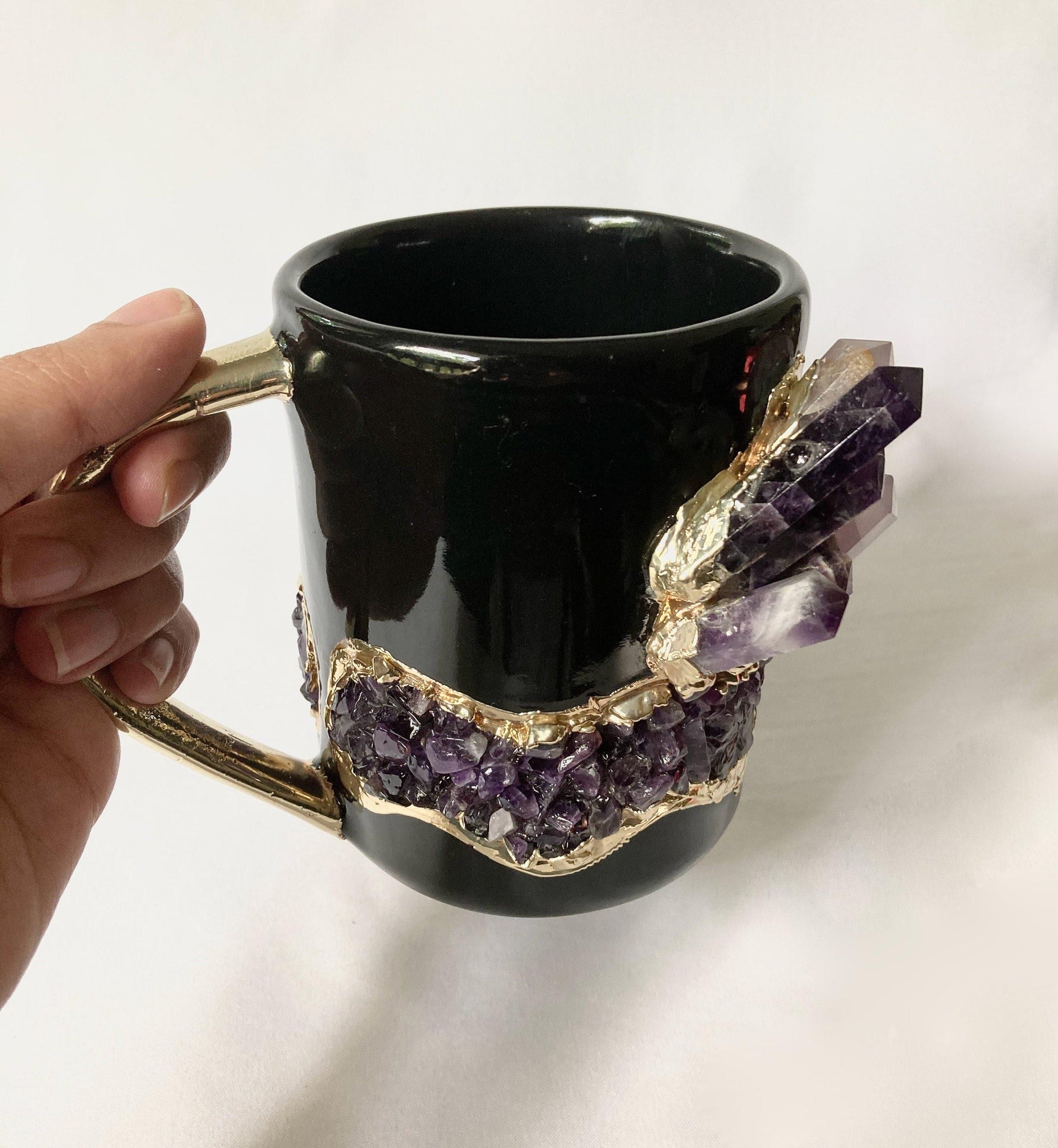 Purple Amethyst Crystal Ceramic Mug with Gold Handle