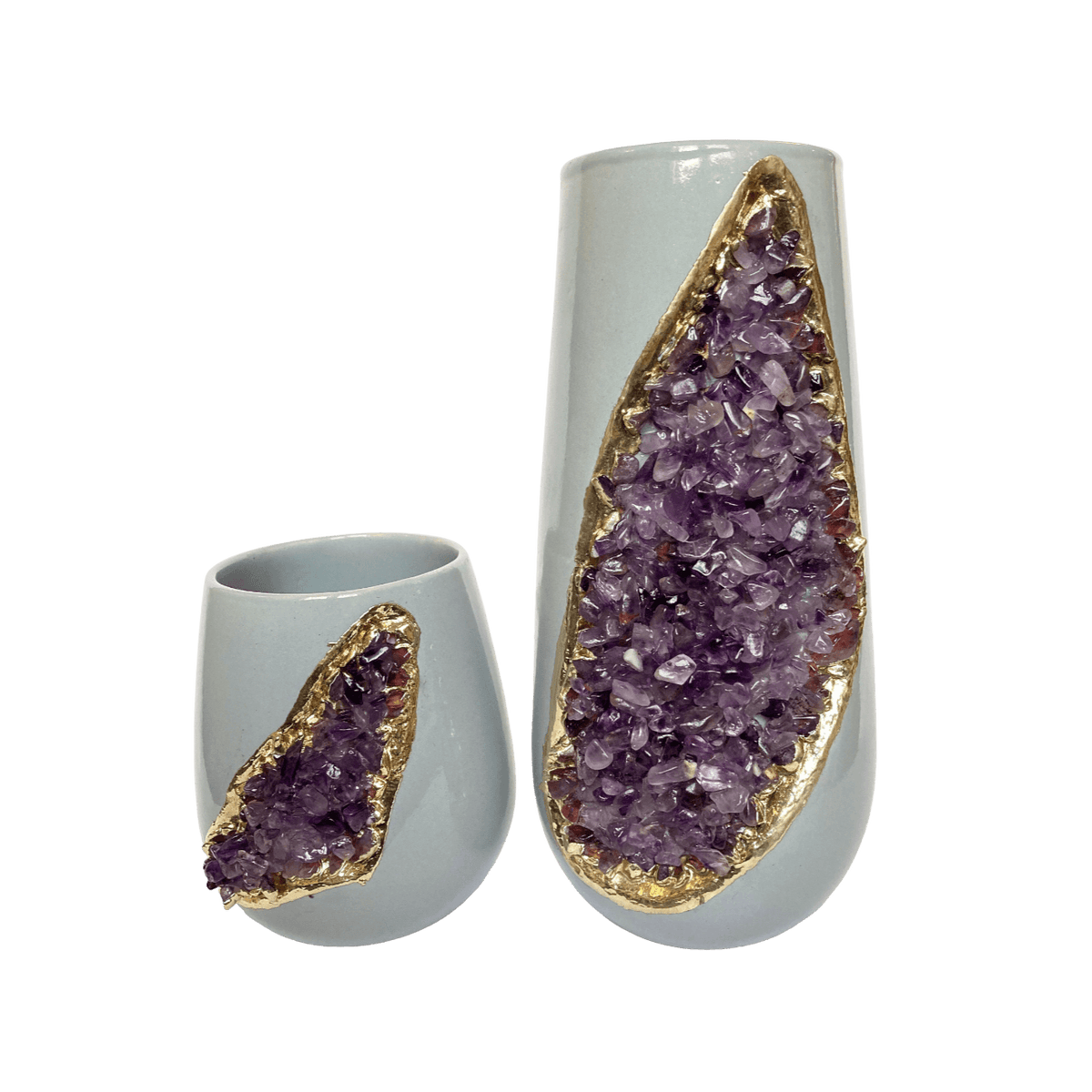 Purple Amethyst Crystal Grey and Gold Ceramic Vase