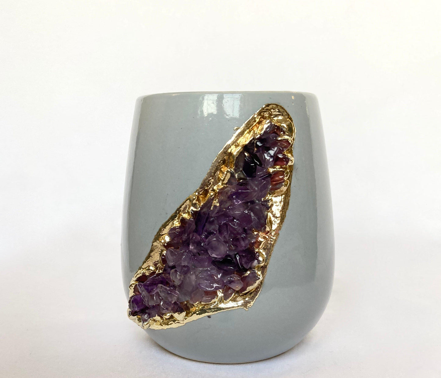 Purple Amethyst Crystal Grey and Gold Ceramic Vase - MAIA HOMES