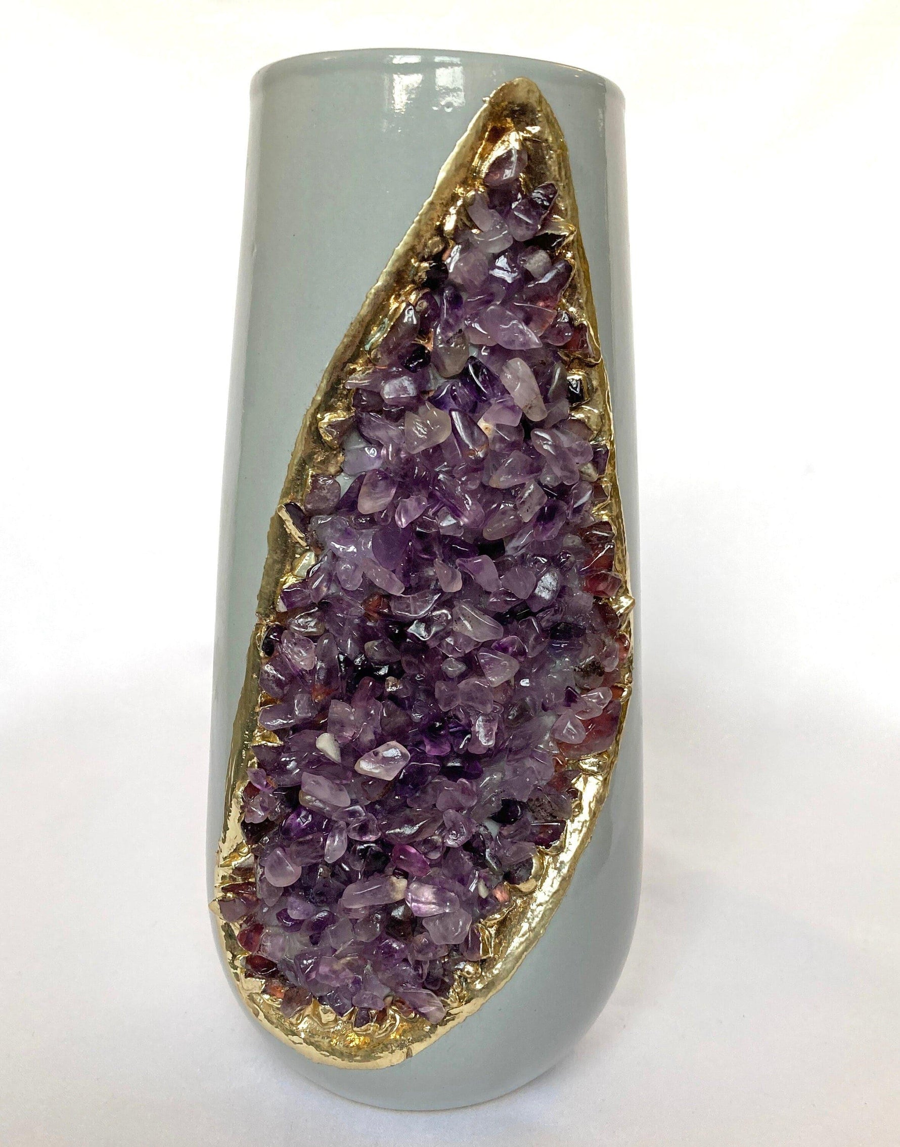 Purple Amethyst Crystal Grey and Gold Ceramic Vase