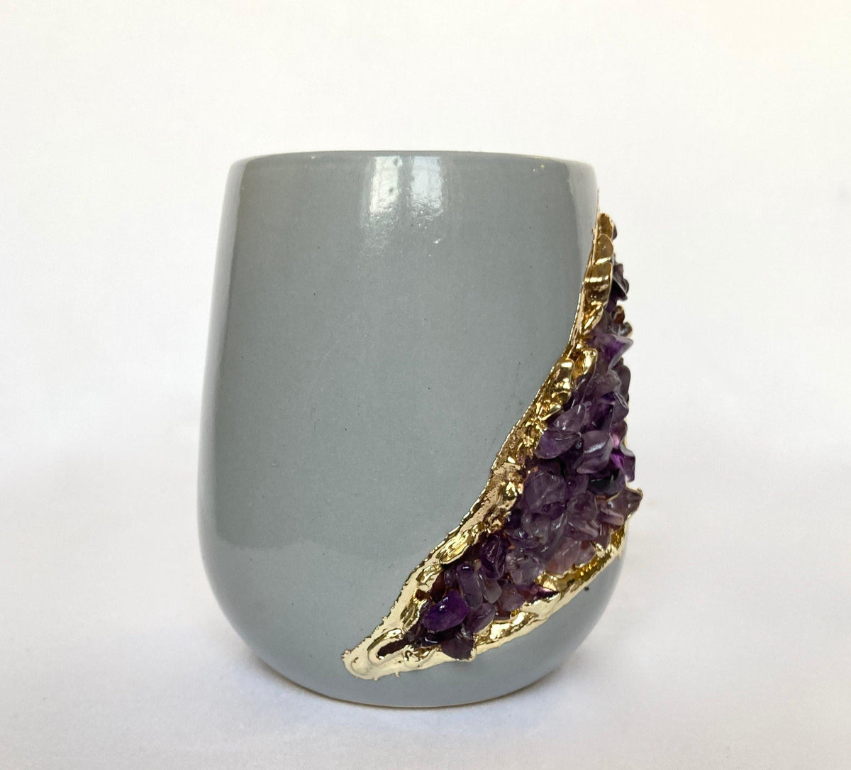 Purple Amethyst Crystal Grey and Gold Ceramic Vase