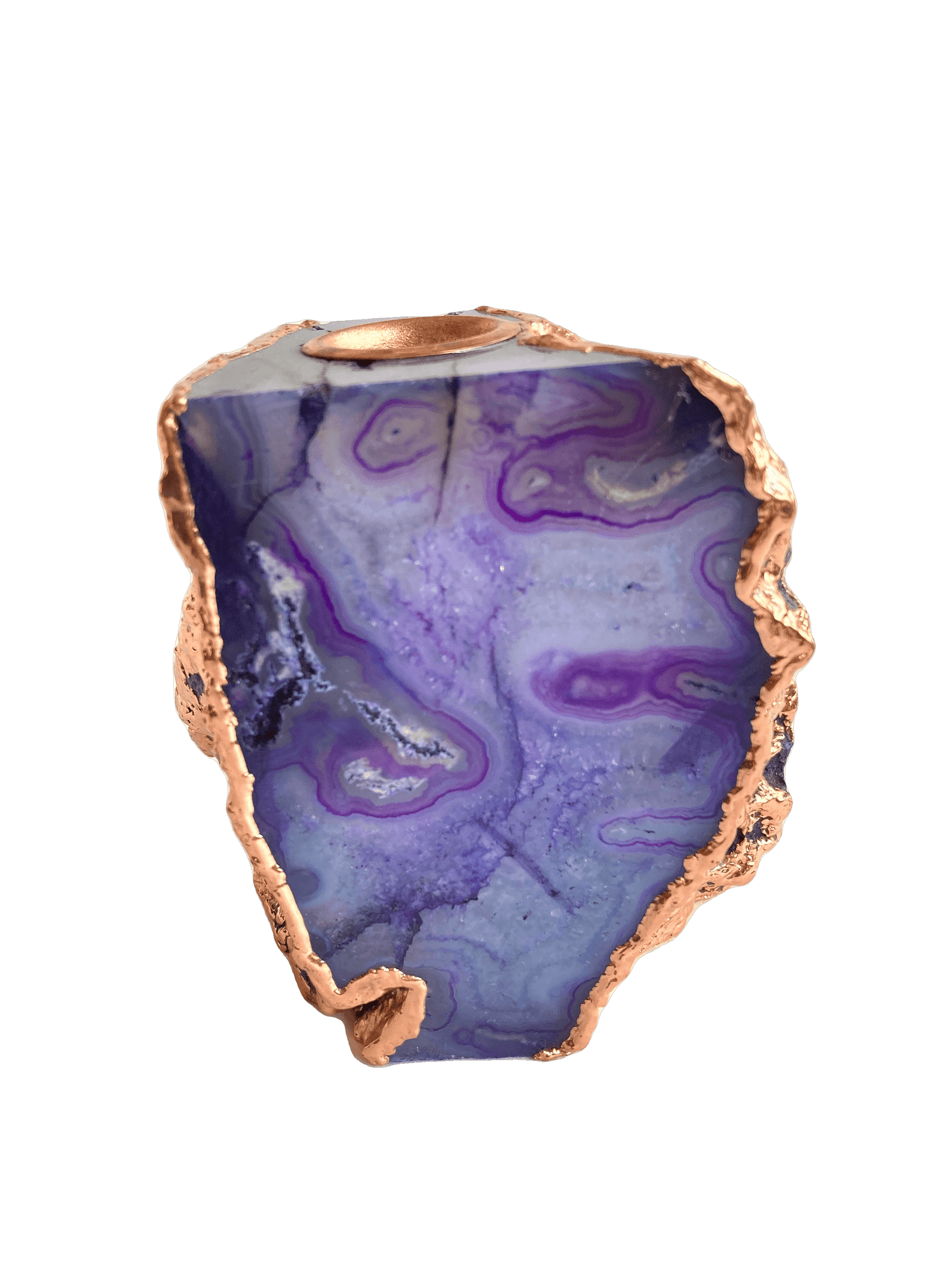 Purple Blue Agate Gemstone Taper Candle Holder Rose Gold Finish