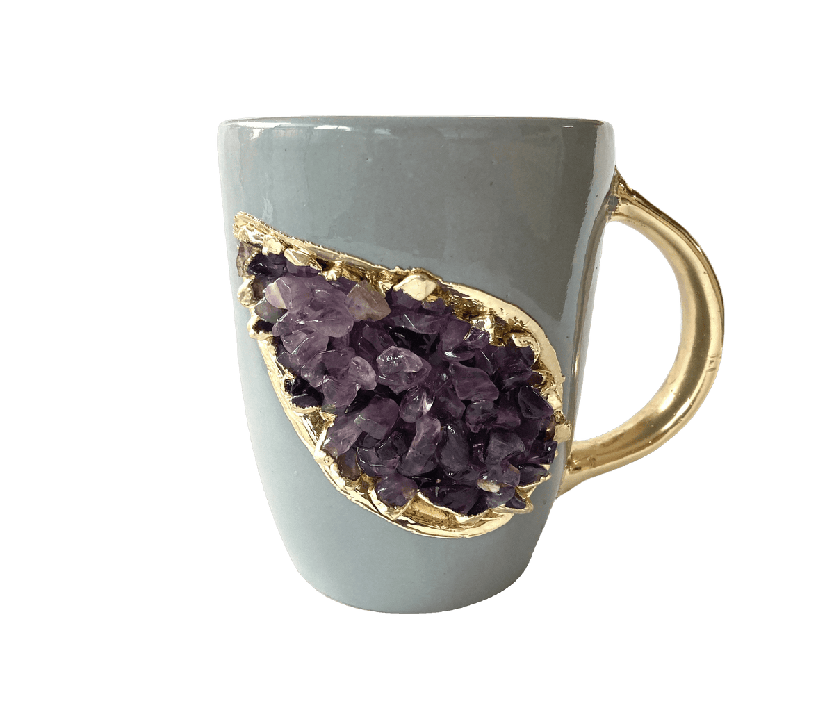 Purple Quartz Marbled Gray Ceramic Coffee Mug with Gold Handle - Set of 2 No