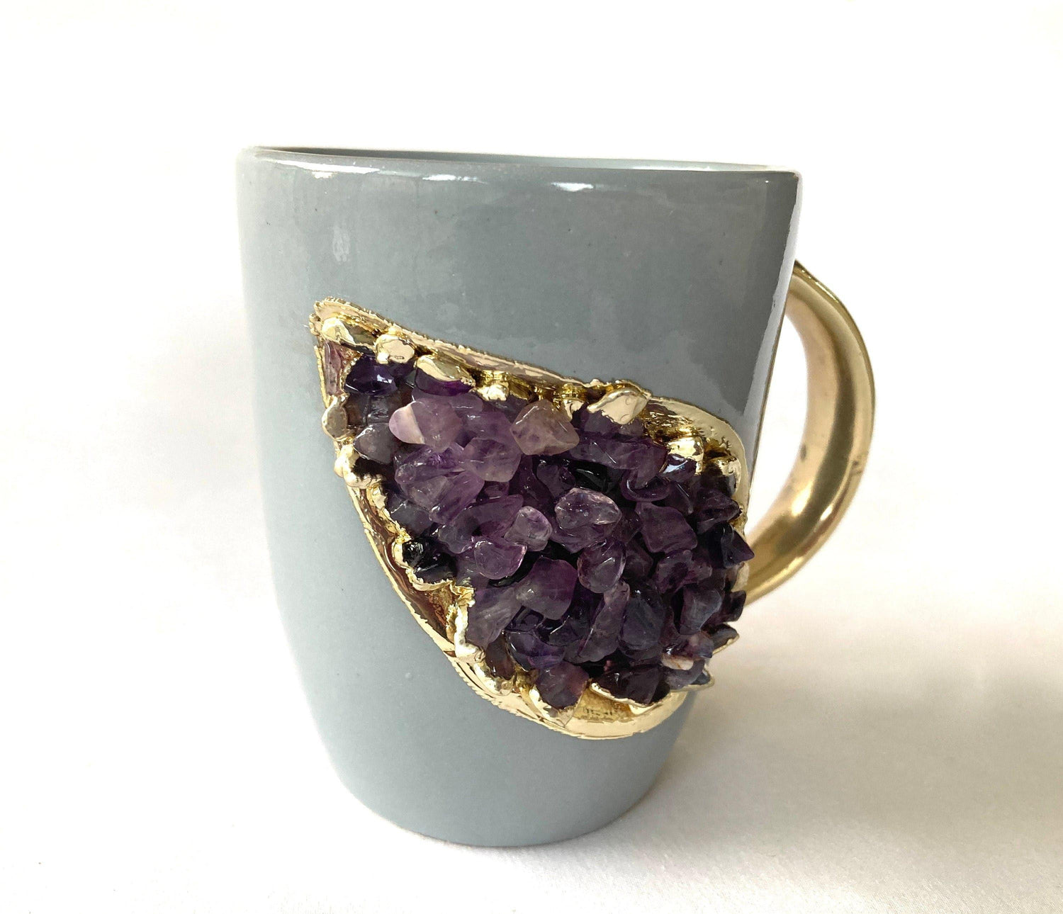 Purple Quartz Marbled Gray Ceramic Coffee Mug with Gold Handle - Set of 2