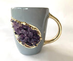 Purple Quartz Marbled Gray Ceramic Coffee Mug with Gold Handle - Set of 2