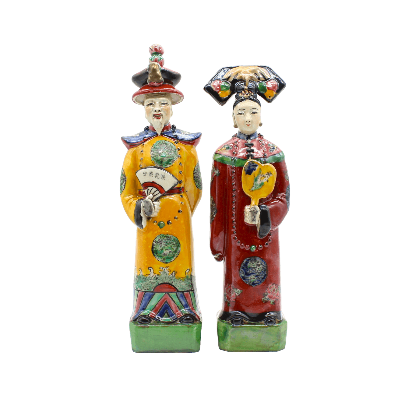 Qing Dynasty Emperor and Empress Hand Painted Ceramic Figurines