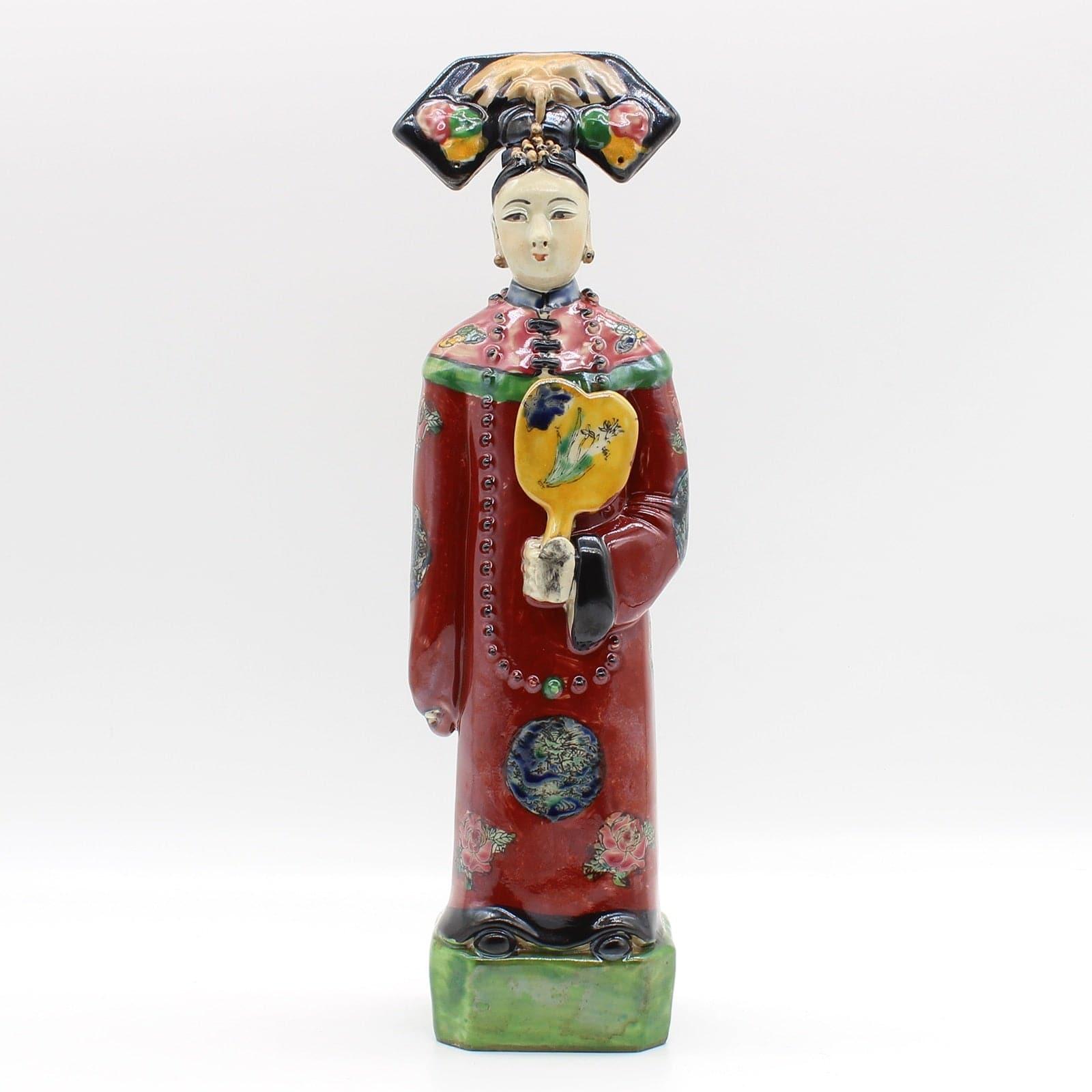 Qing Dynasty Emperor and Empress Hand Painted Ceramic Figurines Red