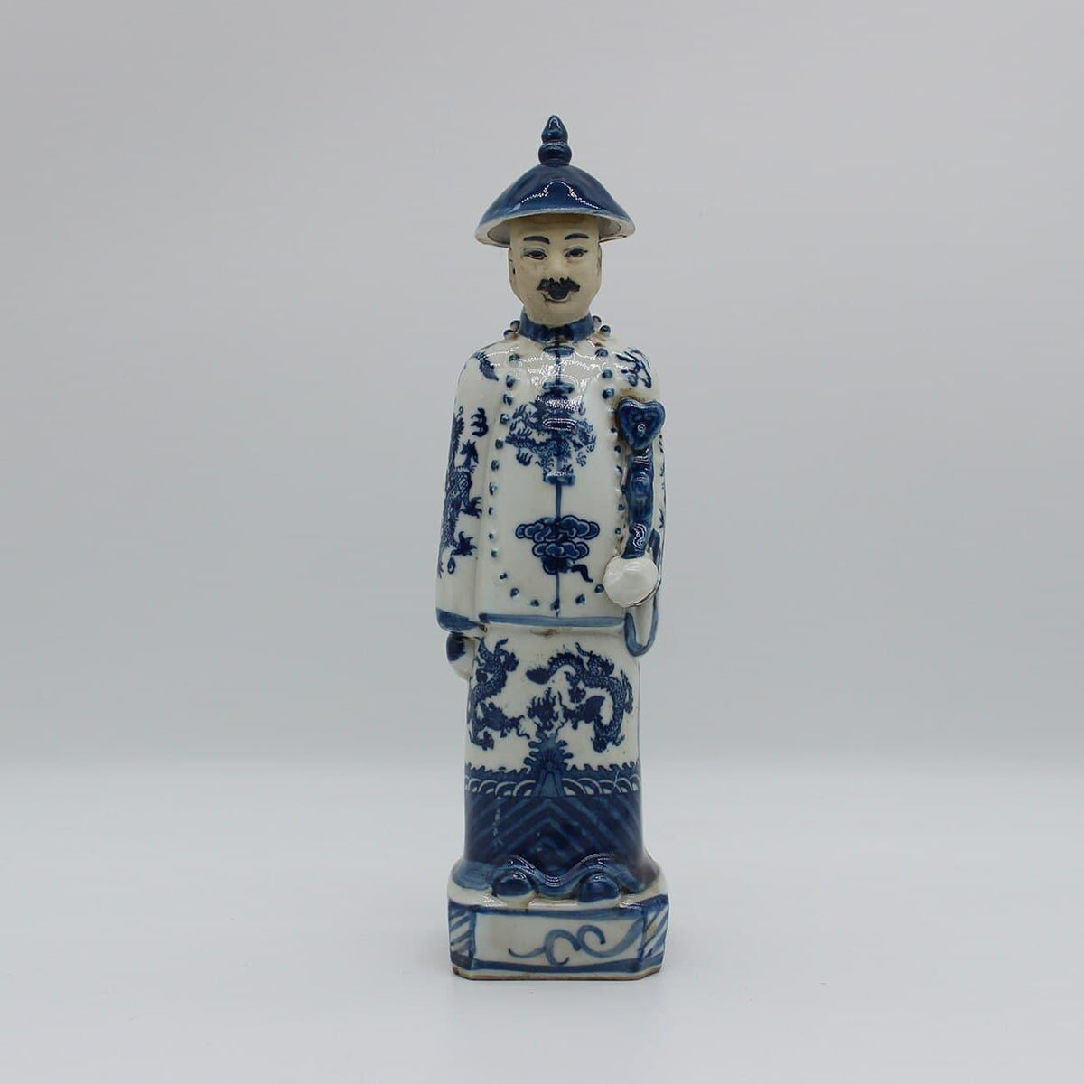 Qing Dynasty Emperors Hand Painted Ceramic Figurines blue and white 3 11" x 2.8" x 2.2" (28x7x6 cm)