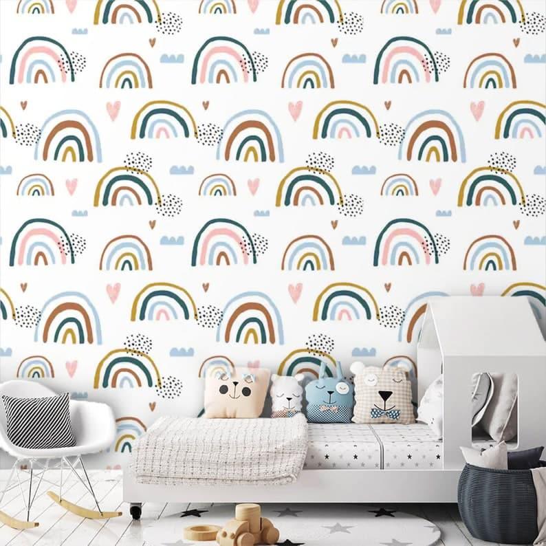 Rainbows and Rain Illustrated Minimalist White Wallpaper