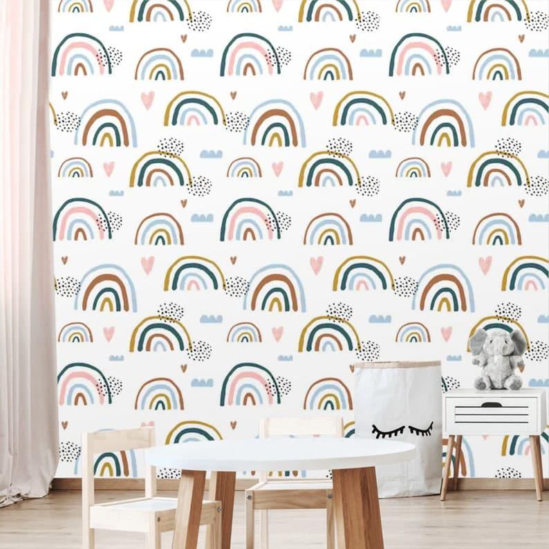 Rainbows and Rain Illustrated Minimalist White Wallpaper