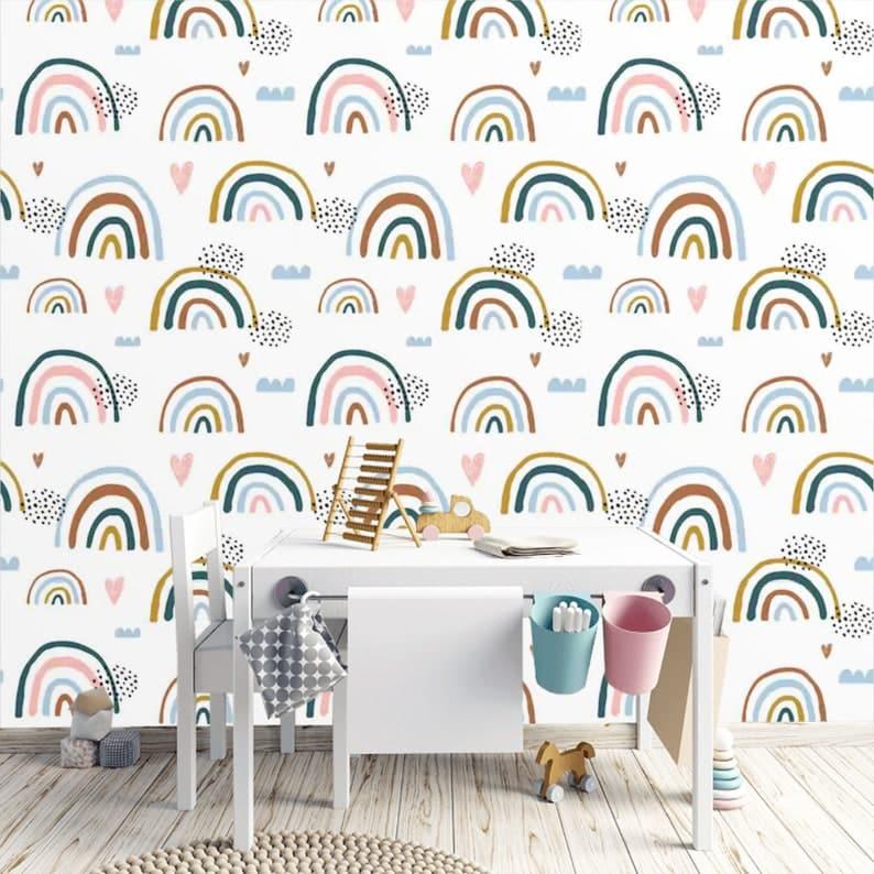 Rainbows and Rain Illustrated Minimalist White Wallpaper