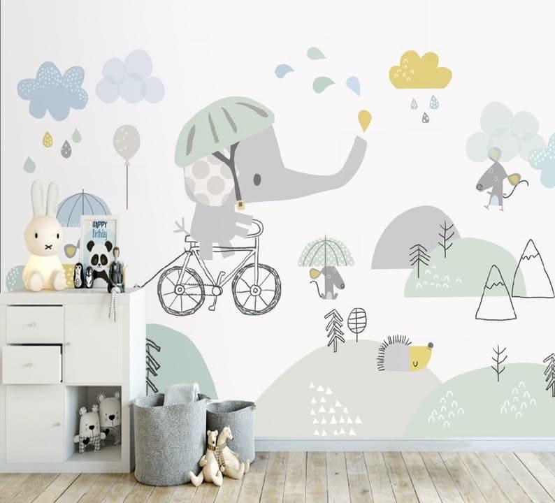 Rainy Elephant Nursery Wallpaper