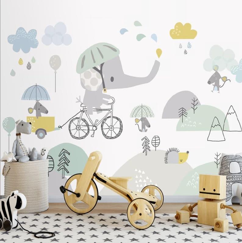 Rainy Elephant Nursery Wallpaper