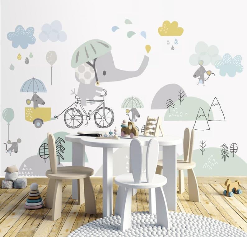 Rainy Elephant Nursery Wallpaper