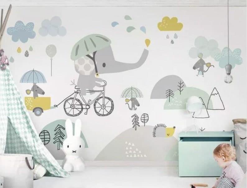 Rainy Elephant Nursery Wallpaper