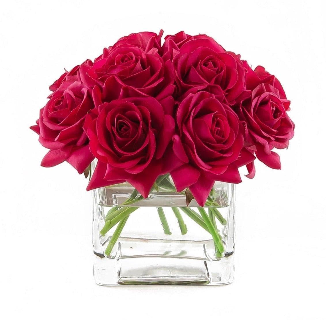 Real Touch Faux Red Silk Rose Centerpiece Arrangement in Fake Water