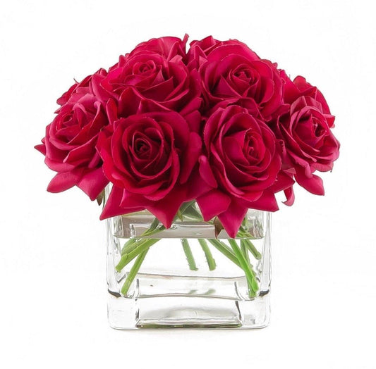 Real Touch Faux Red Silk Rose Centerpiece Arrangement in Fake Water - MAIA HOMES