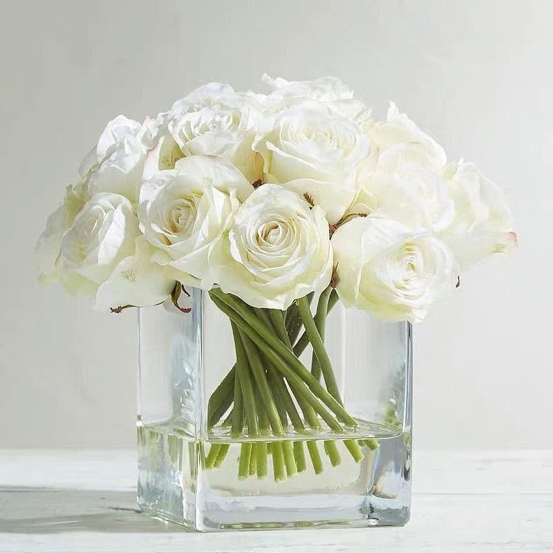 Real Touch Faux White Silk Rose Centerpiece Arrangement in Fake Water