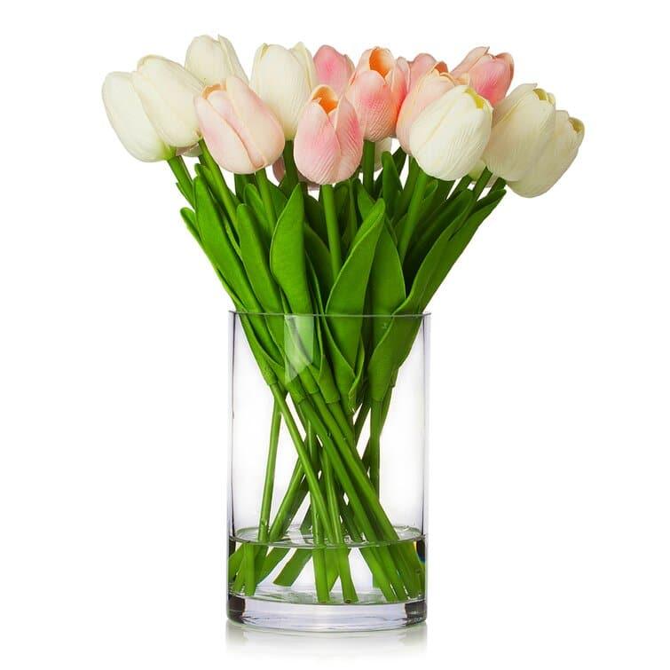 Real Touch Flower Tulips Centerpiece in Vase - Pink and White White Pink