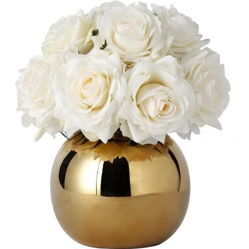 Real Touch Luxury Artificial White Rose Arrangement in Golden Pot