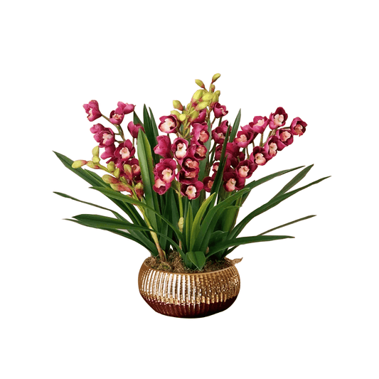 Real Touch PEVA Purple Cymbidium Orchid Arrangement in Golden Pot - MAIA HOMES
