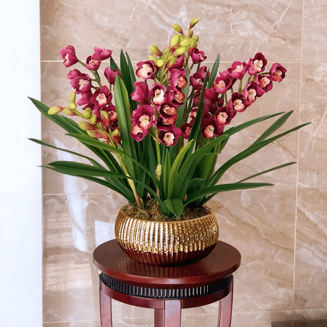 Real Touch PEVA Purple Cymbidium Orchid Arrangement in Golden Pot