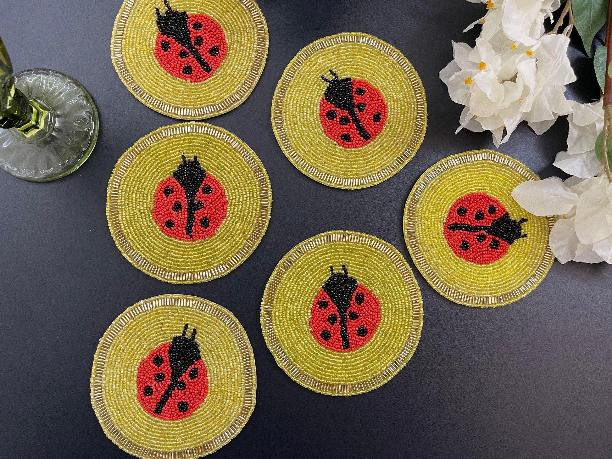 Red and Yellow Lady Bug Beaded Coasters - Set of 6 Set of 6 Ladybird