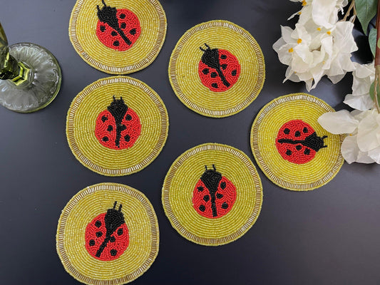 Red and Yellow Lady Bug Beaded Coasters - Set of 6 - MAIA HOMES