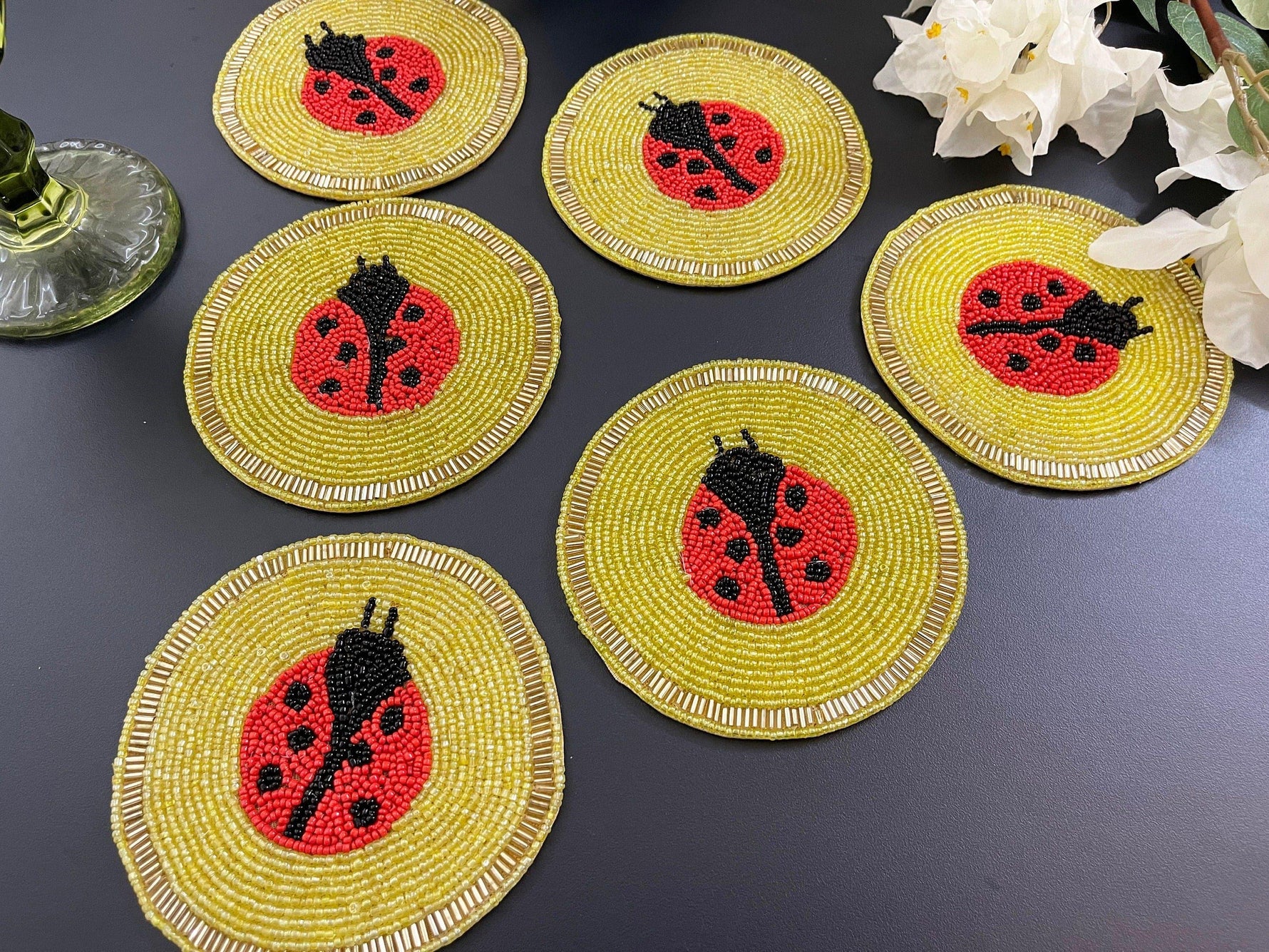 Red and Yellow Lady Bug Beaded Coasters - Set of 6