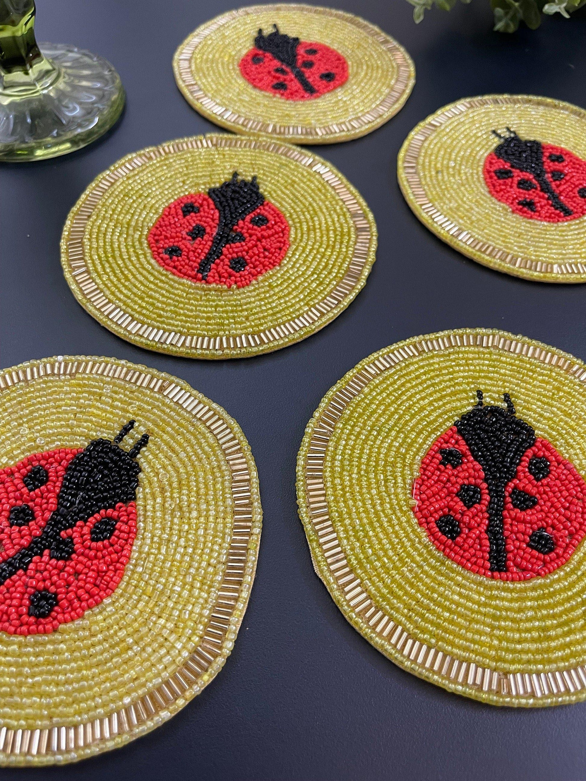 Red and Yellow Lady Bug Beaded Coasters - Set of 6