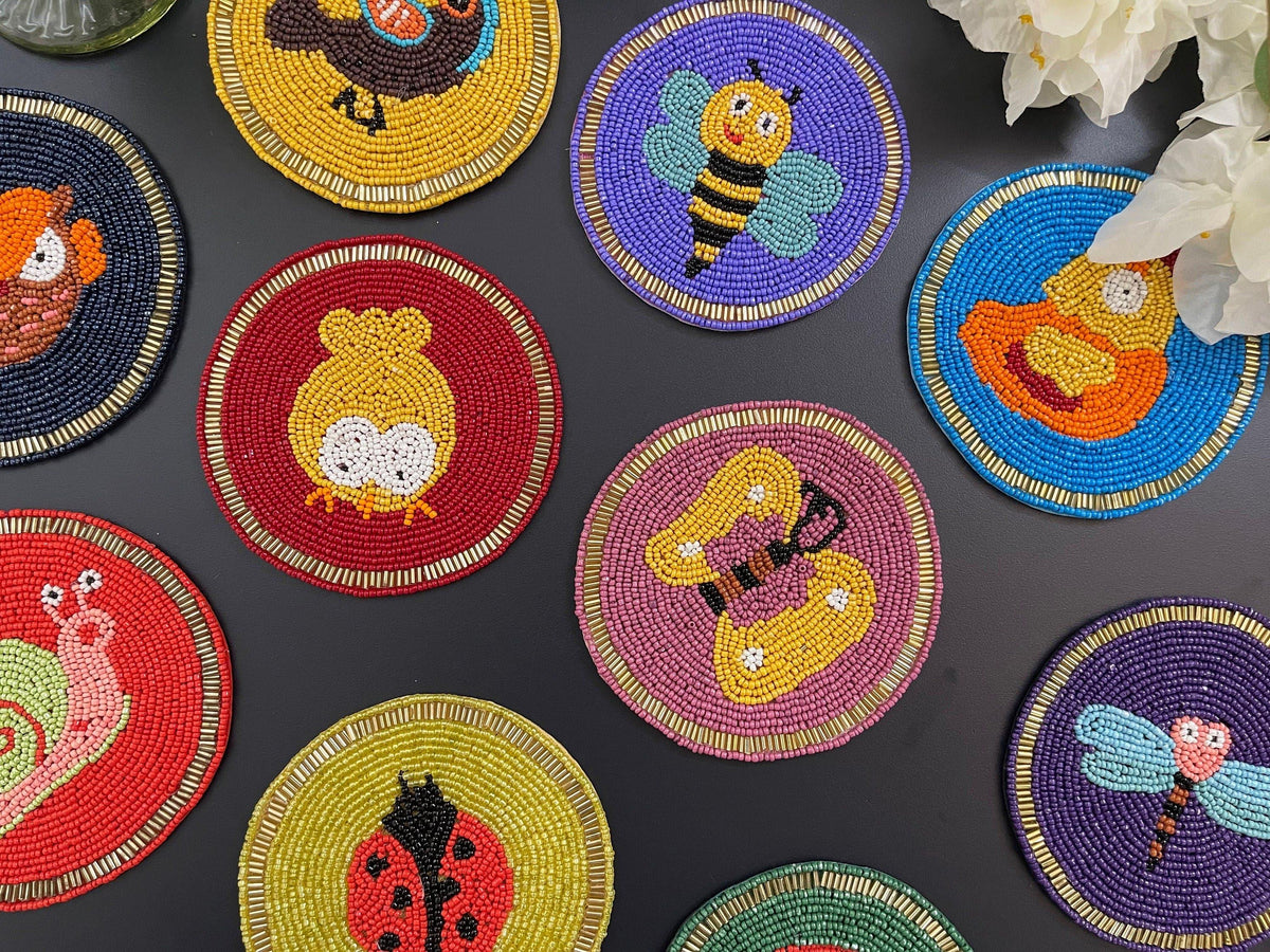 Red and Yellow Lady Bug Beaded Coasters - Set of 6