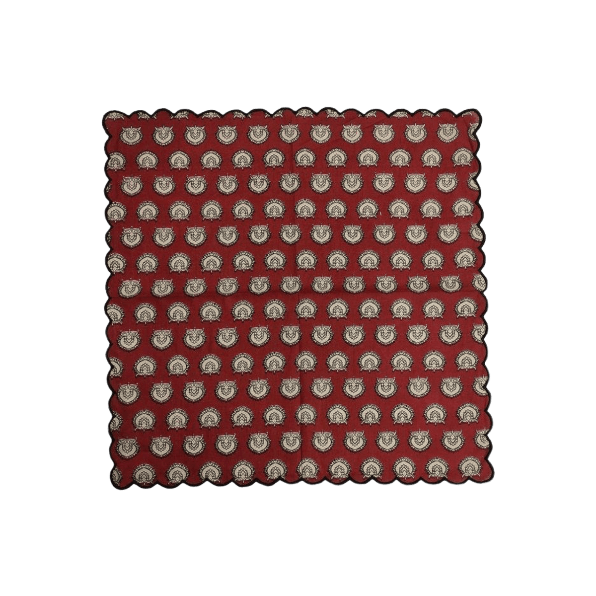 Red Block Printed Scalloped Cotton Napkins with Embroidered Trims