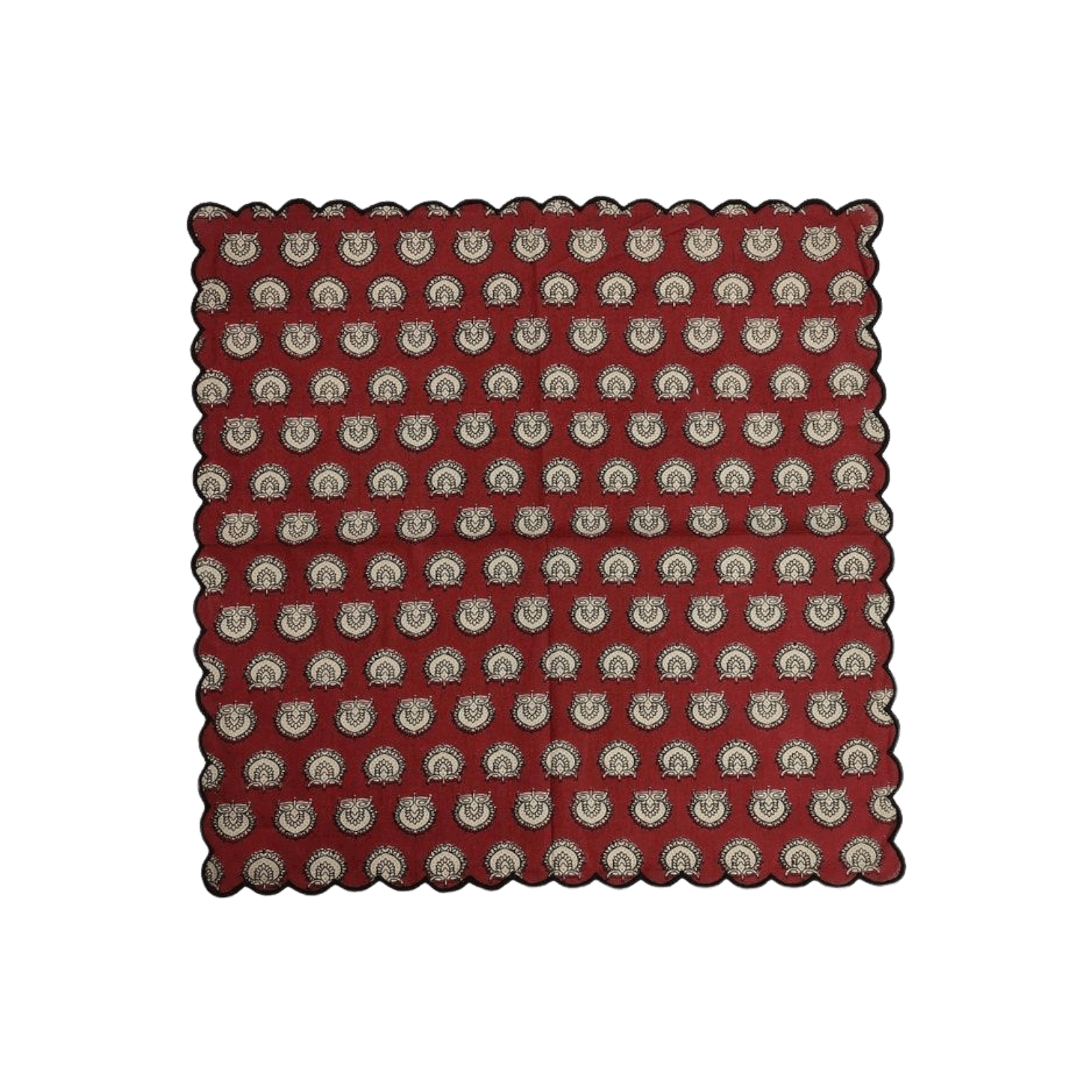 Red Block Printed Scalloped Cotton Napkins with Embroidered Trims