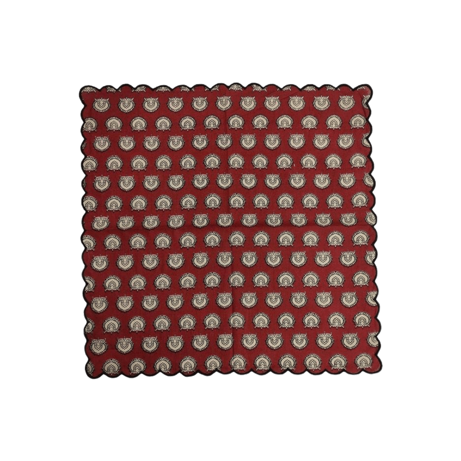 Red Block Printed Scalloped Cotton Napkins with Embroidered Trims - MAIA HOMES