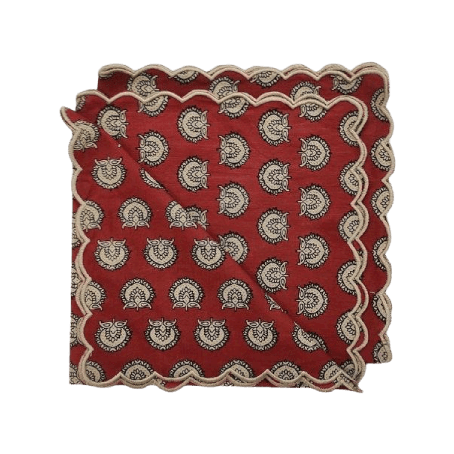 Red Block Printed Scalloped Cotton Napkins with Embroidered Trims