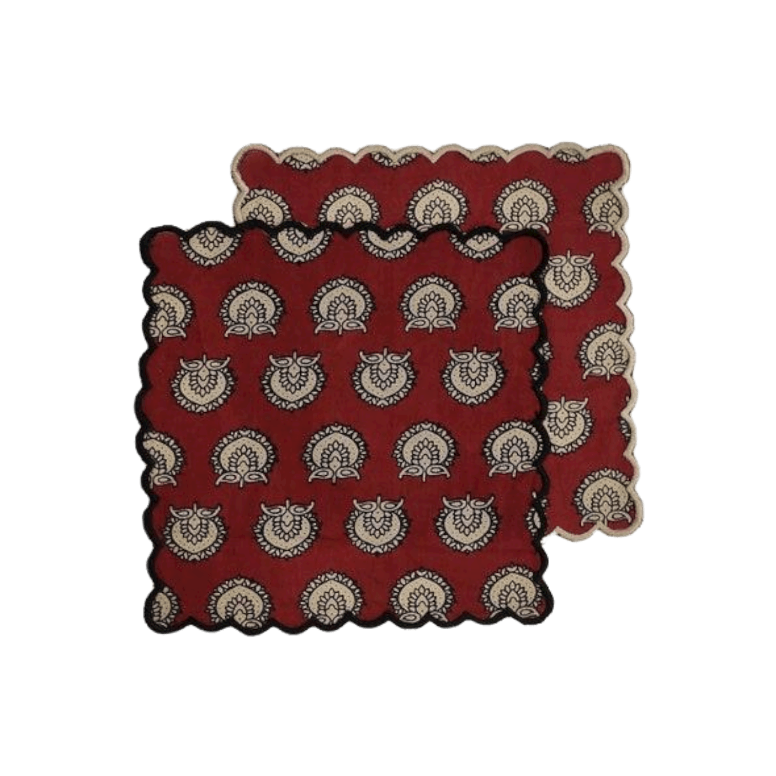 Red Block Printed Scalloped Cotton Napkins with Embroidered Trims